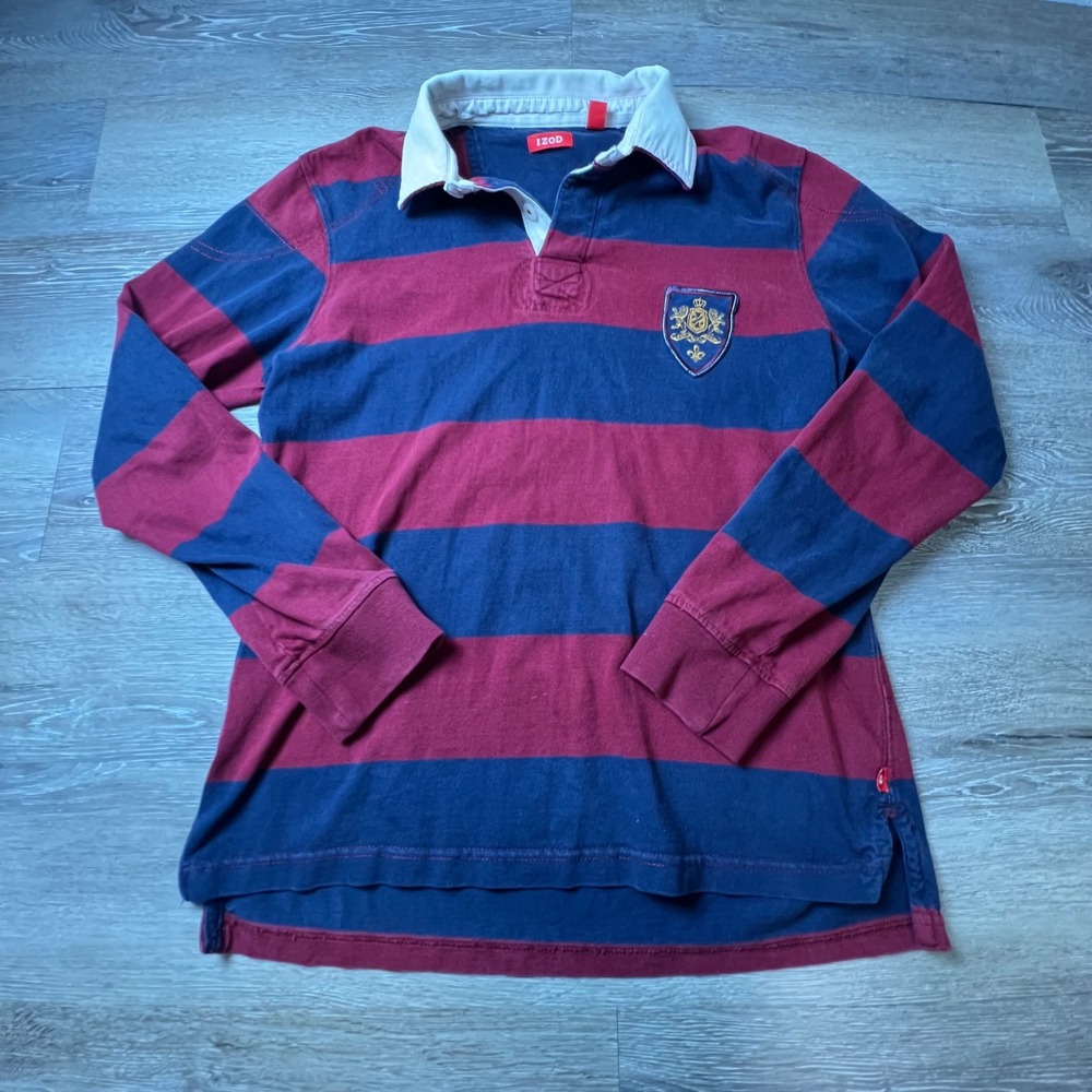 IZOD Rugby Shirt Mens Small Burgundy Navy Blue Striped Long Sleeve Crest Patch